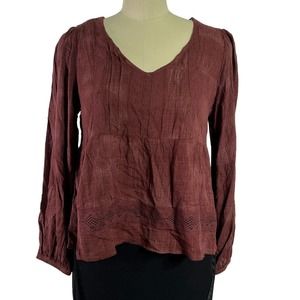 Rewind V-Neck, Lace Juniors Top Blouse Long Sleeve Brown, Small flaws Sz L